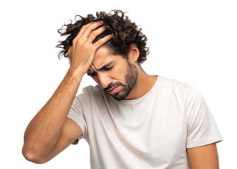 A middle-aged Middle Eastern man with curly dark hair and a beard, looking stressed and holding his head in his hands isolated on transparent background