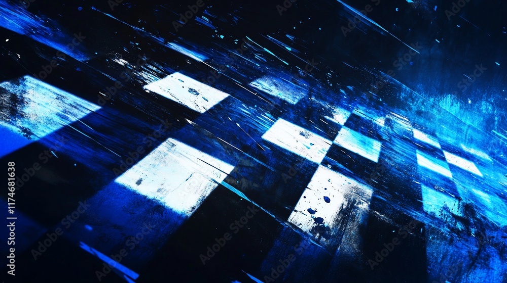 Poster abstract checkered race track background with digital graphic effects.