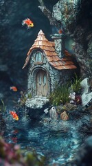 Fototapeta premium Enchanted Underwater Cottage: A Fantasy Landscape