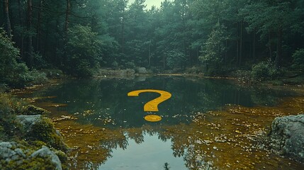 Reflection of a Question Mark in a Serene Forest Lake Symbolizing Life s Mysteries