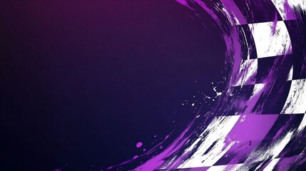 Abstract checkered flag design with purple and white brushstrokes.
