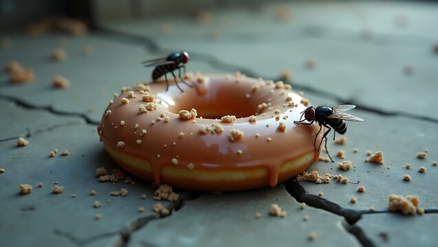 A close-up showing houseflies hovering over a scattered creamy donut on an unsanitary outdoor surface, emphasizing food wastage, health risks, and hygiene concerns