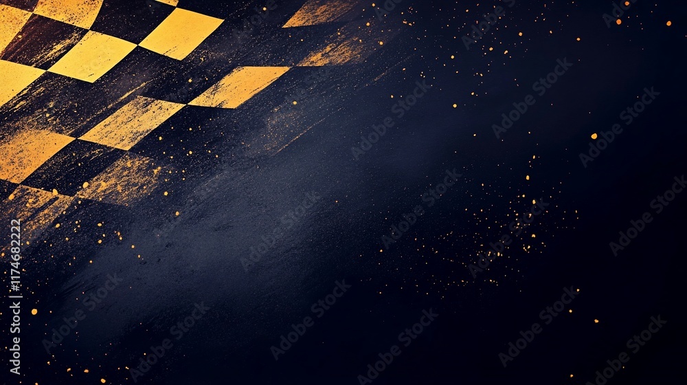 Poster checkered flag on dark background with gold highlights.