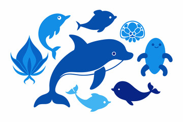 Marine Life Vector PNG: Dolphin, Fish, Turtle, and Sea Creatures for Ocean-Themed Designs.