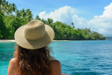 woman wearing a straw hat is sitting on a boat in the ocean. The sky is clear and the water is calm