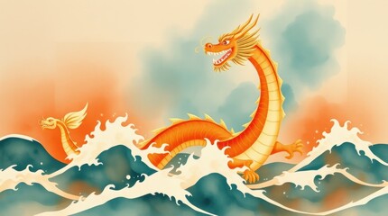 Orange dragon rising from ocean waves, Asian art style, mythical creature, background sunset.