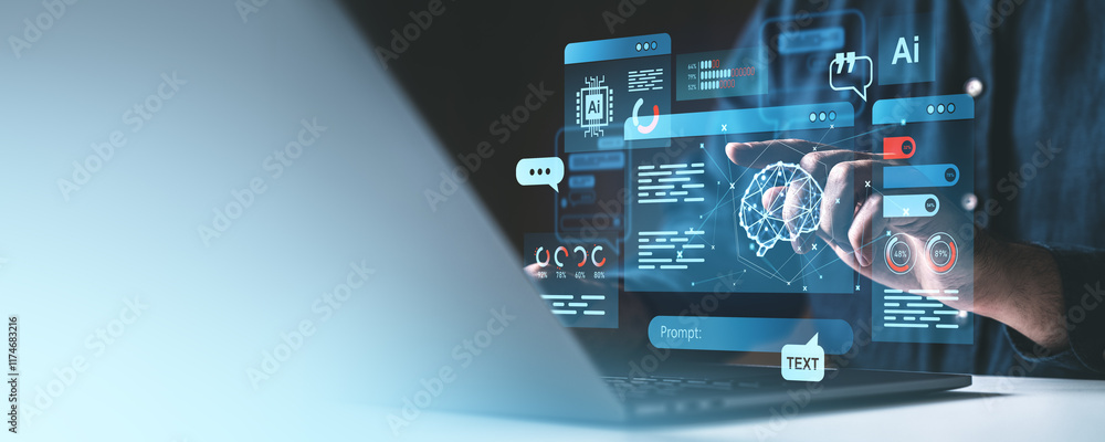 Poster interactive holographic ai interface with data and graphics on a laptop screen.