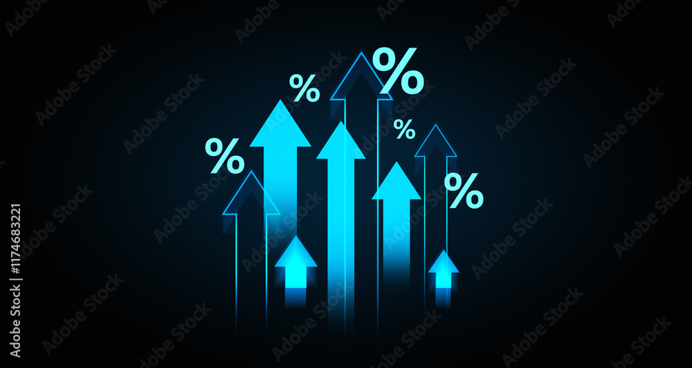 Poster Blue upward arrows with percentage symbols on a dark gradient background representing increasing interest rates or growth visualization. 3D Rendering