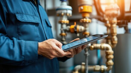 A man in a blue shirt is holding a tablet and looking at a pipe