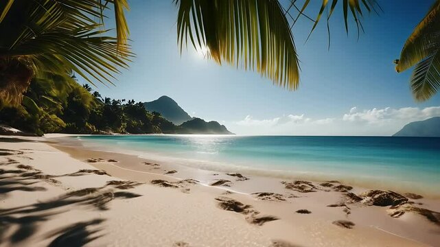 Golden hour tropical beach vibes blurred bokeh sunset lighting perfect vacation themed summer visuals