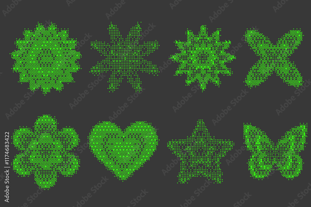 Poster pixel pattern shapes. textured heart flower and butterfly with bitmap y2k dither gradient. retro vec