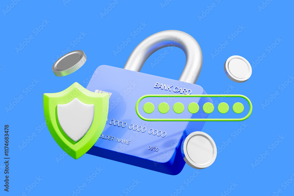 Poster secure bank card with lock, coins, and shield representing data protection and cybersecurity on blue