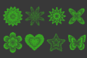 Pixel pattern shapes. Textured heart flower and butterfly with bitmap Y2k dither gradient. Retro vector star with old computer game graphic effect. Halftone grunge illustration