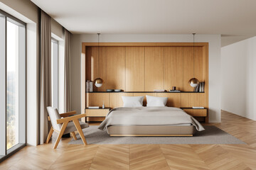 Modern bedroom with wooden paneling, cozy bed, and minimalist decor. 3D Rendering