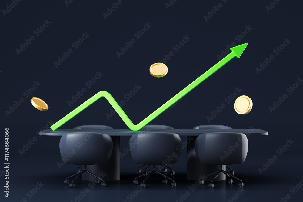 Poster green arrow representing growth above a conference table, surrounded by golden coins on a dark backg