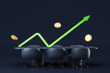 Green arrow representing growth above a conference table, surrounded by golden coins on a dark background. 3D Rendering