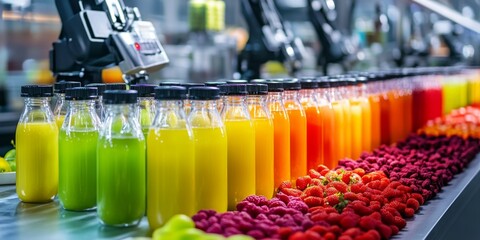 photo of high-tech production line with robotic arms filling fresh healthy colorful juice glass bottles 