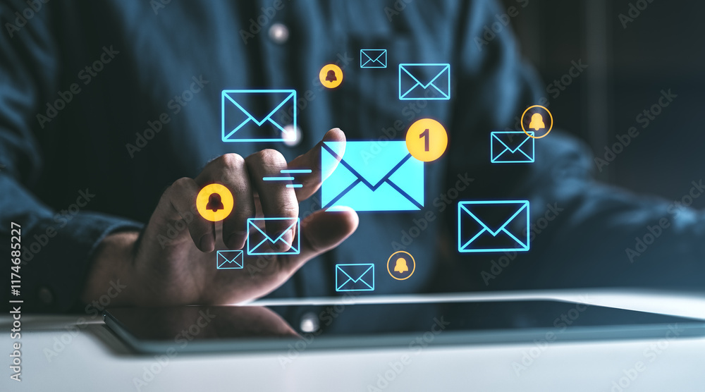 Poster digital notifications and email icons floating above a tablet screen with a hand interacting with th