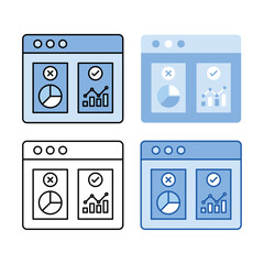 Data Driven Decision Making Icon Set: Four Variations of Analytical Dashboard Interfaces with Graphs and Charts for Business Insights and Performance Metrics