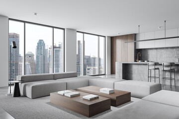 Modern minimalist living room and kitchen space with cityscape views. 3D Rendering