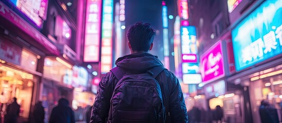 Fototapeta premium Neon Nights: A lone traveler explores the vibrant, dazzling streets of a futuristic city, bathed in the glow of countless neon signs.