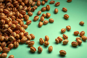 Obraz premium Nutritious Nuts: Pistachios on a Vibrant Green Surface