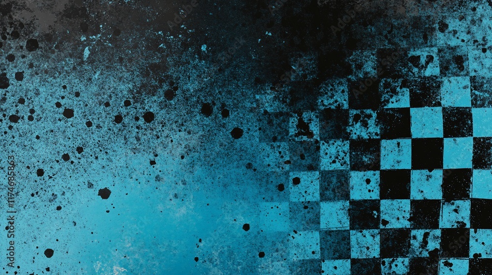 Poster grunge checkered flag design with blue splatter background.