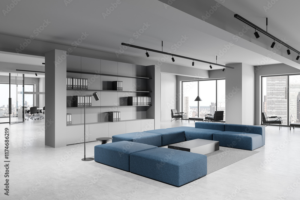 Poster modern open-space office interior with minimalist design and city view. 3d rendering