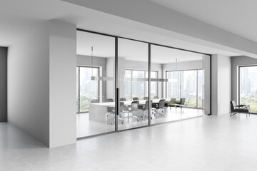 Modern office interior with glass walls, open space design, and panoramic city view outside the windows. 3D Rendering