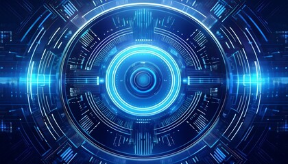 Abstract Blue Tech Hub:  A digital artwork showcasing a mesmerizing circular design, reminiscent of a futuristic tech hub. Glowing blue lines and a central core create a visually striking image.