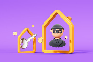 3D illustration of thief and key inside house-shaped frames on purple background. Concept of home security, theft, or online scams. 3D Rendering