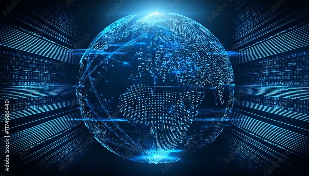 Poster global network: a stylized digital rendering of the earth, glowing with data streams and lines, sugg