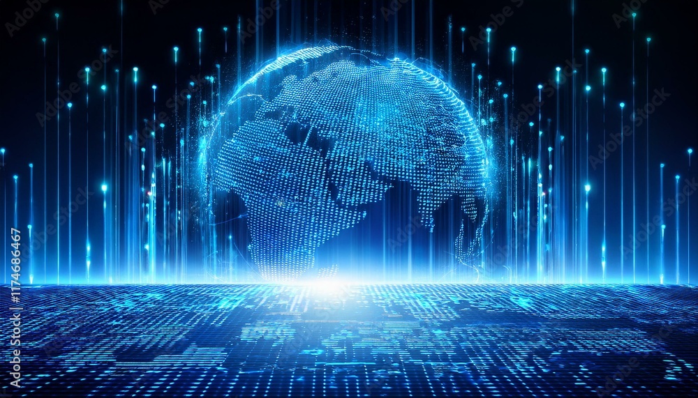 Poster global network: futuristic digital earth glowing with data streams and circuit board. abstract conce