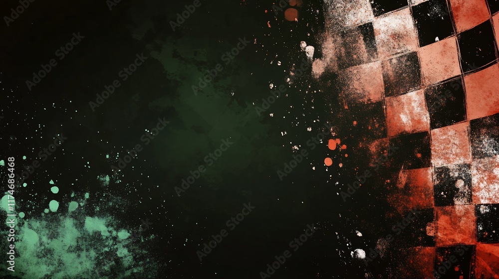 Poster abstract checkered flag background with paint splatter effects.
