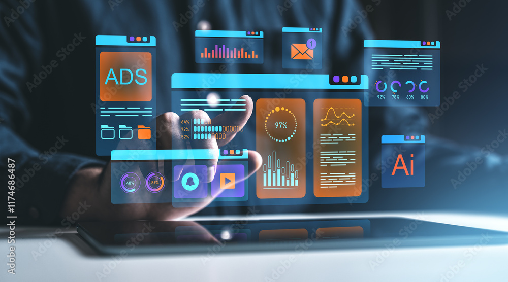 Poster futuristic digital interface with user interacting with virtual dashboard on tablet screen.