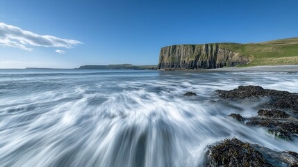 Obraz premium Serene coastal scene with dramatic cliffs and wave motion.