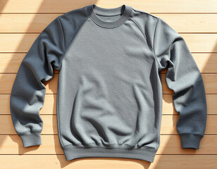 Neutral Gray Sweatshirt Laid Flat on Wooden Background, Apparel Mockup