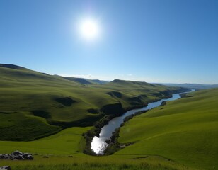 Fototapeta premium Peaceful Rolling Hills and Meandering River Under Clear Blue Sky at Sunrise