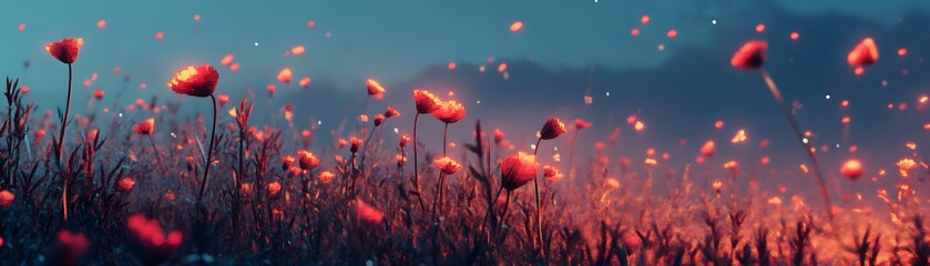 Obraz premium Vibrant poppy field at dusk with soft glowing colors.