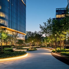 Modern cityscape at dusk, showcasing a paved walkway illuminated with linear lights winding through landscaped gardens between sleek, glass office buildings.