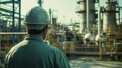 A man in a hard hat stands in front of a large industrial plant