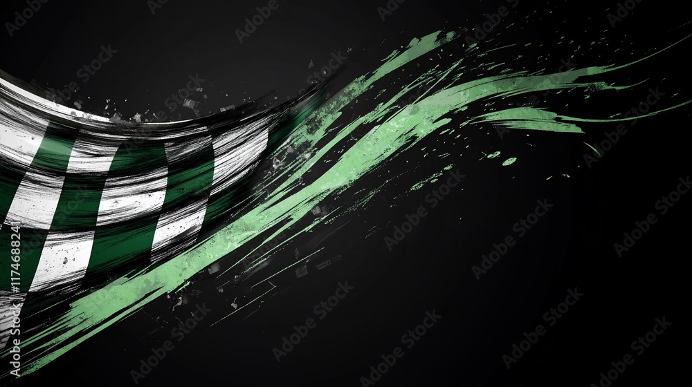 Poster Abstract flag design with flowing stripes and paint splatter effects.
