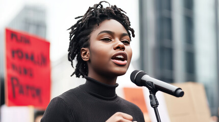 Economic Inequality and Social Justice Concept. Empowered young activist passionately speaking at protest rally