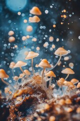 Spore particles gently drifting through the air above small mushrooms in a vibrant, damp forest setting during early morning light