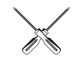 Crossed screwdrivers illustration - black and white tool icon for carpentry and repairs designs