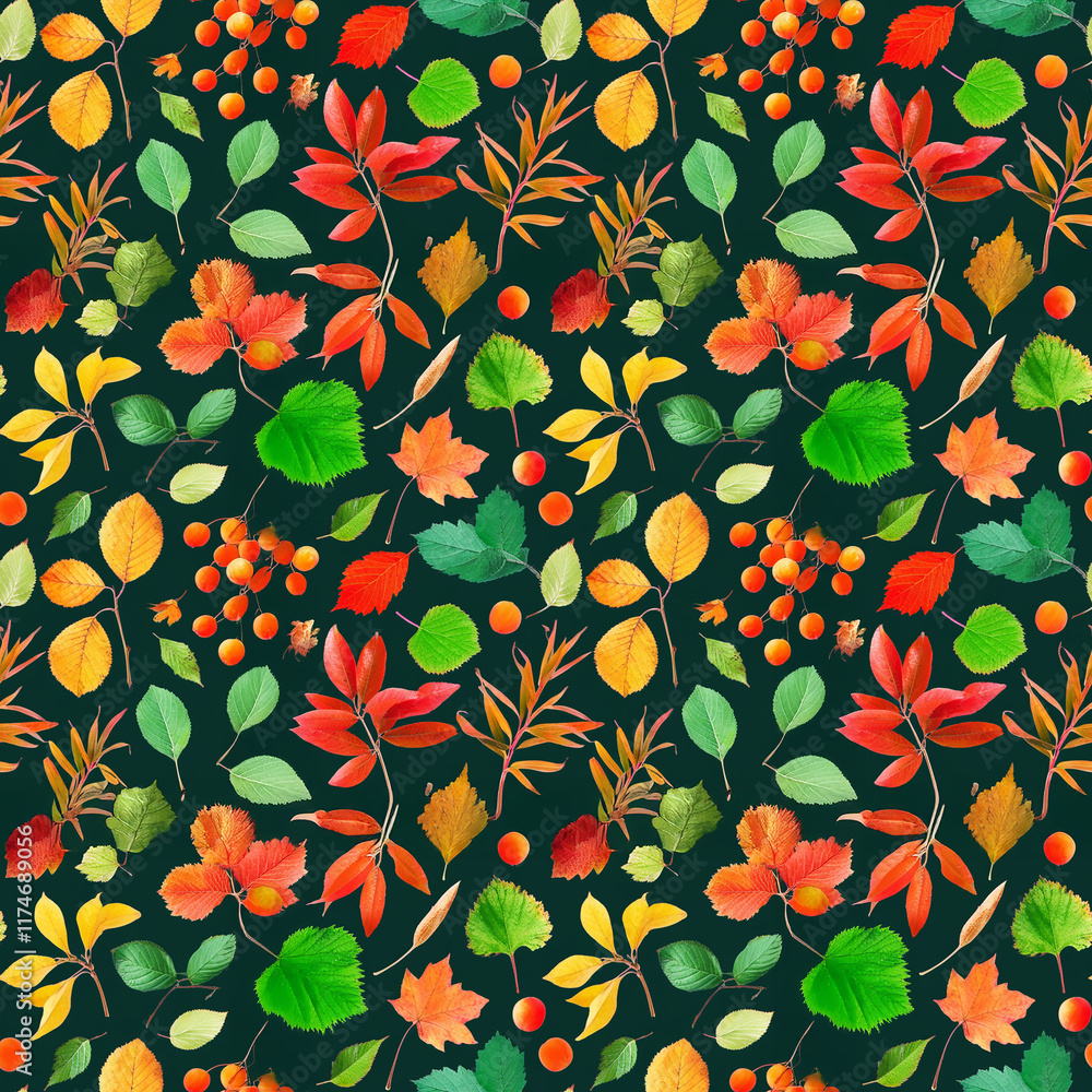 Poster seamless autumn leaves and berries pattern on dark backdrop