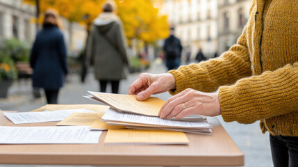Economic Inequality and Social Justice Concept. Organizing pamphlets on table in vibrant urban setting, showcasing activism