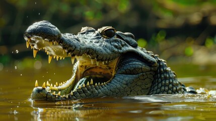 Naklejka premium Crocodile Gavialis gangeticus, snout mouth open in the water, AI generated image