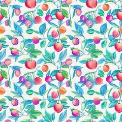 Colorful seamless pattern featuring vibrant fruits and leaves