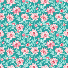 Vibrant floral pattern featuring pink water lilies on teal backdrop